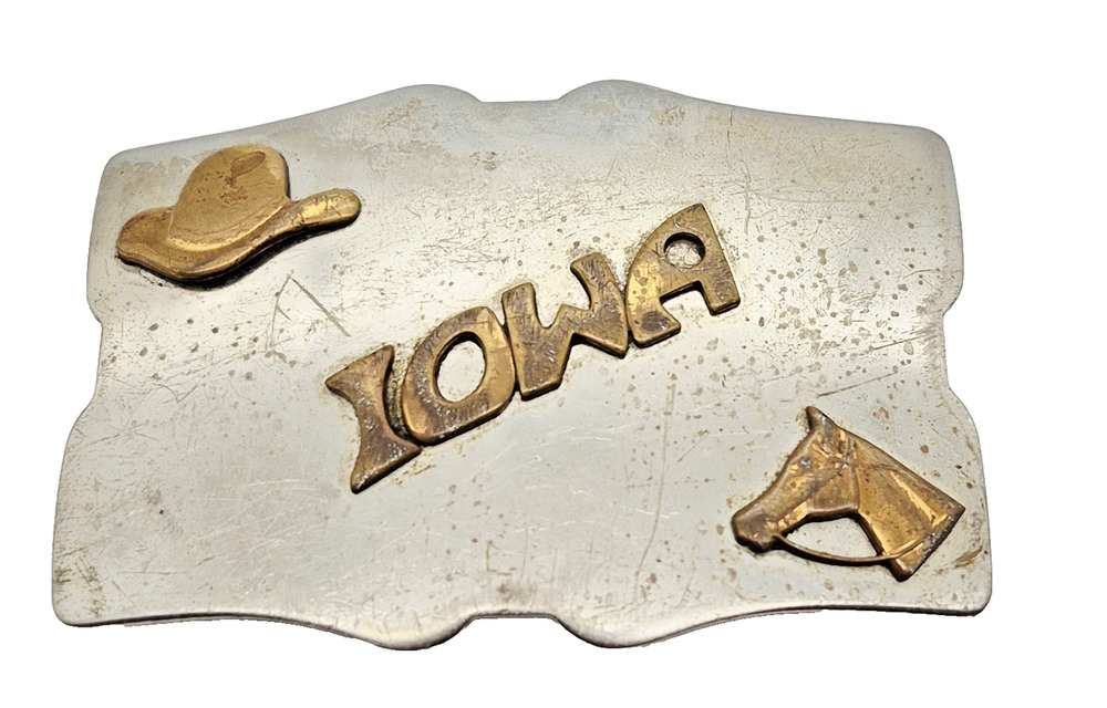 Vintage Rockmount Denver Iowa Nickel Silver Western Cowboy Horse Belt Buckle